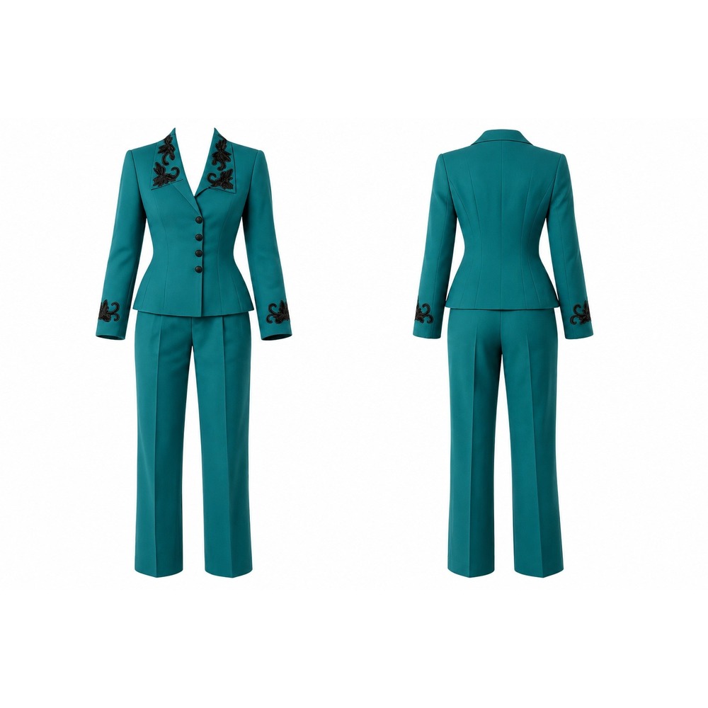 En Avance Pant Suit Womens 10 Teal Green Velvet Applique Blazer Trousers Vintage